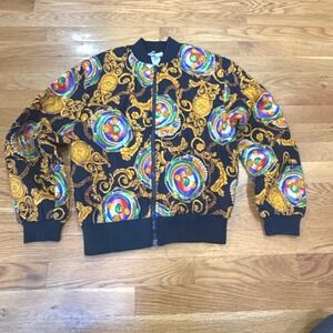 First Option Vintage Baroque Medallion Bomber Jacket Black Gold Multi Small USA